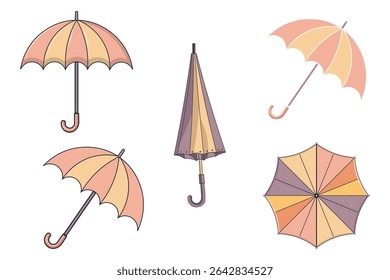 Set of multicolor umbrellas in flat vector style, top and side views, minimal weather protection icons, cartoon-style rain elements, seamless background for apps, prints, and children's designs

