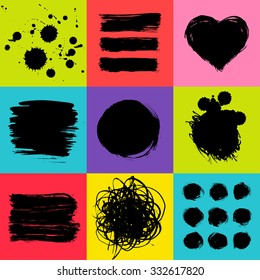 Set of multicolor vector illustrations with brush strokes, ink drops and paint splashes.