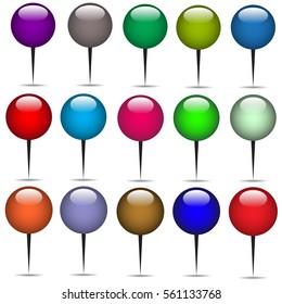 Set of Multicolored 3D Pin Markers with Shadows Isolated on White. Vector Illustration