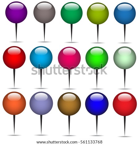Set of Multicolored 3D Pin Markers with Shadows Isolated on White. Vector Illustration