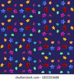 Set of multi-colored 3D stars of different sizes on dark blue background. Seamless background for New Year or Christmas wrapping. Vector illustration for textile, paper design.