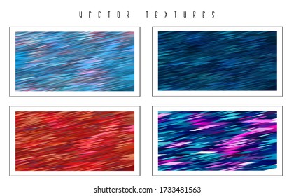 Set of the multicolored abstract glitch backgrounds. Chaotic colorful stripes. Vector dynamic textures. Geometric modern templates. Motion effect. 
