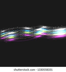 Set of multicolored abstract lines of energy magical electric magic lines of waves on a translucent dark squared background of squares. Vector illustration.