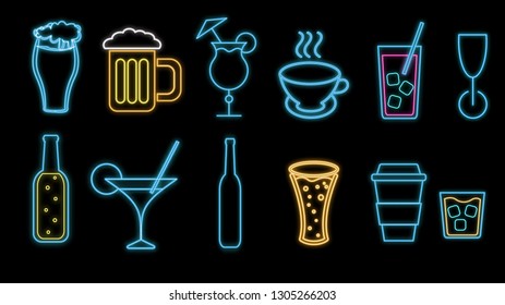 Set of multicolored abstract neon glowing shiny icons, signs of alcoholic drinks for the bar, cafe: cocktails, glasses, beer, bottles, whiskey, coffee, tea on a black background. Vector illustration.