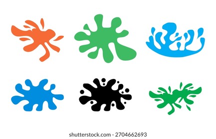 A set of multicolored abstract paint splatters and liquid splash shapes, perfect for art projects, dynamic backgrounds, or creative graphic design.