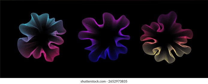 Conjunto de oscilaciones de onda de puntos de sonido abstracto multicolor. Curva de sonido. Ecualizador digital. Plantilla de neón colorida para el cartel de la música y el Anuncio. Espectro radial de Vector.