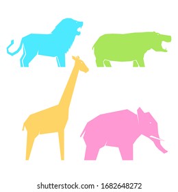 Set of multi-colored african animals in different poses, lions and hippos, elephants and giraffes, vector illustration