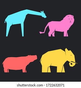 Set of multi-colored african animals in different poses on a dark background, lions and hippos, elephants and giraffes, vector illustration
