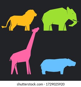 Set of multi-colored african animals in different poses on a dark background, lions and hippos, elephants and giraffes, vector illustration