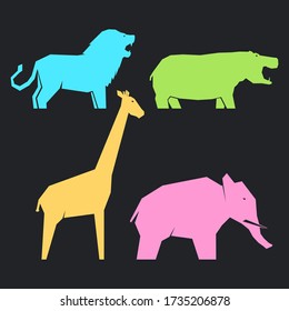 Set of multi-colored african animals in different poses on a dark background, lions and hippos, elephants and giraffes, vector illustration