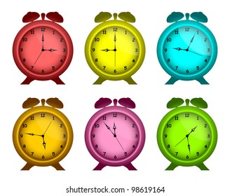 Set of multicolored alarm clocks on a white background. The isolated objects.