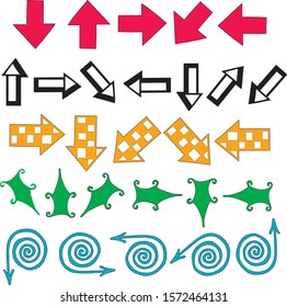 Set of multi-colored arrows of different shapes in different directions for the design of websites, articles, banners and templates. Vector illustration.