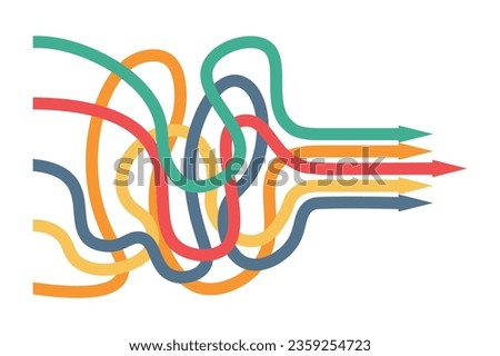 A set of multi-colored  arrows of different shapes pointing in one direction. Choice, option, opportunity, road, business success concept. Goal setting, choosing alternative path.