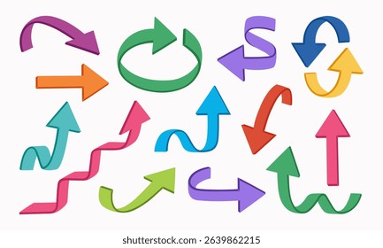 Set of multicolored arrows of various shapes. Movement signs, pointers. Direction and navigation symbols. Hand drawn vector illustration isolated on white background, flat cartoon style.