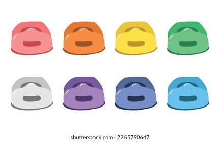 Set of multicolored baby potty in flat style vector illustration. Simple plastic potty toilet for children front view clipart cartoon style, hand drawn doodle style. Cute vector illustration
