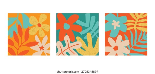Um conjunto de fundos multicoloridos com flores e folhas abstratas. Texturas modernas para impressão de cartões e convites. Ilustração de vetor plano.
