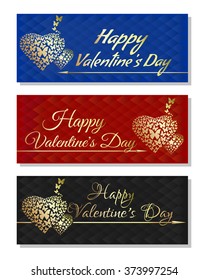 Set multicolored backgrounds for Valentine's Day. Golden heart from flying butterflies and greeting inscription for Valentine's Day. Vector flyer layout.