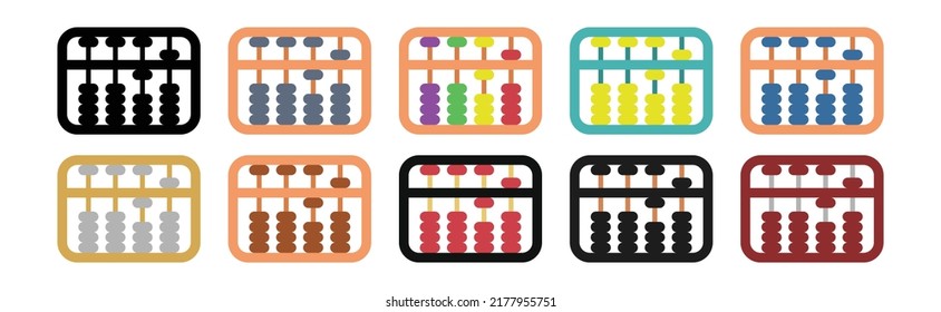 Conjunto de ícono plano de tocino multicolor para web. Diseño simple de vectores de señalización plana abacus. Icono web de abacus minimalista. Silueta de clipart con el logotipo de abaco de madera chino. Calculadora antigua de Suanpan