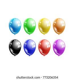 a set of multi-colored balloons. 8 balls of bright colors (blue, green, blue, pink, red, yellow, orange and black)