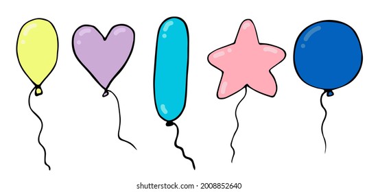 a set of multi-colored balloons. Vector doodle hand-drawn illustrations for holiday cards, decoration of children's rooms, books, invitations