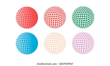 Set of multi-colored balls. A sphere made of a large number of hearts