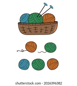 A set of multi-colored balls of wool and knitting needles in different positions. Isolated on a white background. Balls of wool in a basket. Needlework. Hand drawn style. Vector illustration