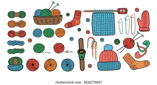 Eine Reihe von mehrfarbigen Woll- und Stricknadeln in verschiedenen Positionen. Einzeln auf weißem Hintergrund. Wollbälle in einem Korb. Needlework. Handgezeichnet. Vektorgrafik