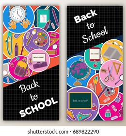 Set  Multicolored banner. Marketing Sale background with school stationery . Modern poster. stationery and school supplies