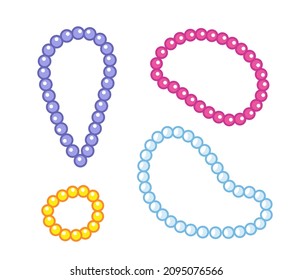 Set of multi-colored beads from pearls and precious stones. Vector illustration of an accessory with a contour in a cartoon childish style. Isolated cute clipart on a white background. Color art