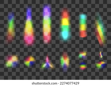 Set of multicolored beams of light. Vector illustration on a transparent background.