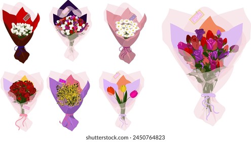 Conjunto de ramos diferentes hermosos multicolores. Flores para invitaciones de cumpleaños, Día de la Mujer, Día de la Madre, tarjetas de boda, Día de San Valentín. Ilustración vectorial de diseño floral