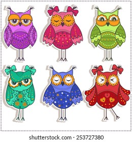 Set of multicolored, beautiful owls