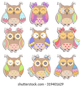 Set of multicolored, beautiful owls