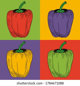 Set of multicolored bell peppers. Red, purple, yellow and green paprika. Vector illustration