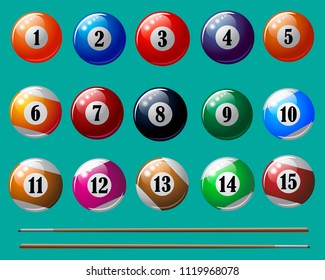 A set of multi-colored billiard accessories