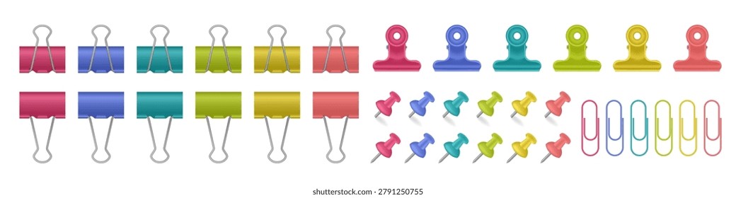 Set of multicolored binder clips, bulldog clips and paper clips. Yellow, green, blue, red, teal, and coral red colors.