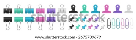 Set of multicolored binder clips, bulldog clips and paper clips. White, pink, purple, blue, green and white colors	
