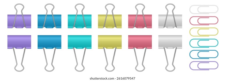 Set of multicolored binder clips and paper clips. White, coral red, yellow, blue, teal and purple colors