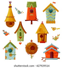 Set of multi-colored birdhouses of various shapes. Vector illustration