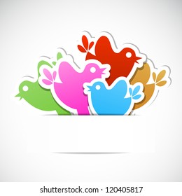 Set of multicolored birds with frame for message.