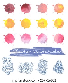 A set of multicolored blots/blobs with vector watercolor grunge texture plus some freehand scratches/scribbles