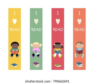 Set of multicolored bookmarks with images of children. Printable samples. There are boys and girls, reading books, and the texts "I love to read" in the picture. Vector illustration