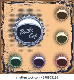 set of multicolored bottle caps on a grungy background