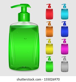 Set of multicolored bottles of liquid soap on white background