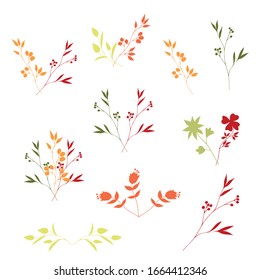 Set of multicolored bouquets and elements of wildflowers and plants in doodle style. Soft orange, yellow, green, red colors. Hand drawing. Isolated objects on a white background.