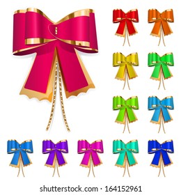Set of multicolored bow with gold laces. Decoration for a gift.