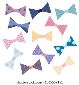 Set of multi-colored bows. Gift decoration. Bright funny bows for decoration or decor, covers, packaging, wrapping paper or kids school backpack, notebook covers, clothes. Flat style. Vector