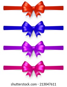 Set of multicolored bows made of ribbon, located horizontally, with shadows