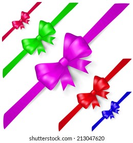 Set of multicolored bows made of ribbon, located diagonally, with shadows