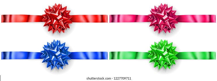 Set of multicolored bows made of shiny ribbon with shadows on white background, arranged horizontally